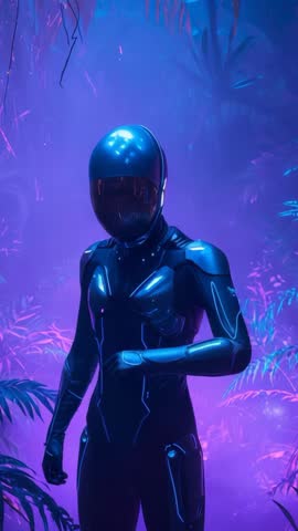 Armored Explorer Raising Arm Reading Wrist Device in Neon-Lit Forest Vertical Sci-Fi Video