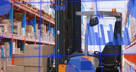 Positioning yellow forklift in warehouse aisle with blue analytics overlay and pallets