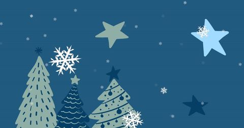 Festive Christmas Trees with Falling Snowflakes on Blue