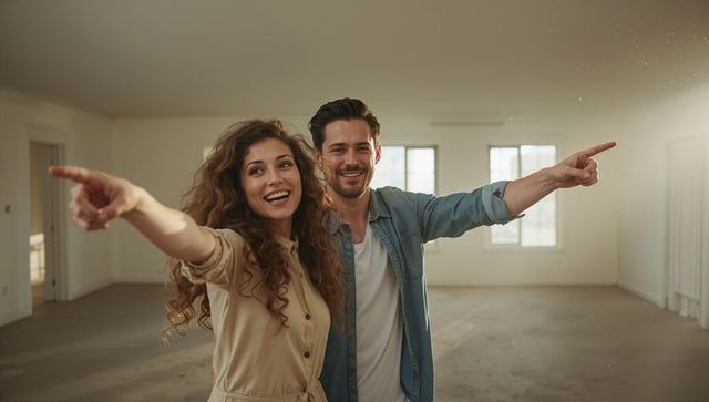 Young couple pointing and smiling in empty bright living room choosing new home