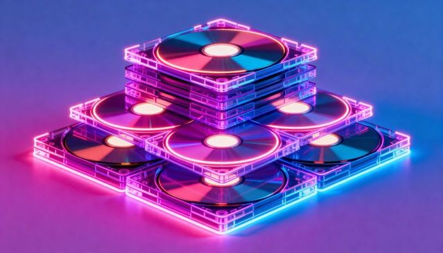 Iridescent cd pyramid in neon-edged jewel cases glowing magenta and cyan futuristic retro-tech