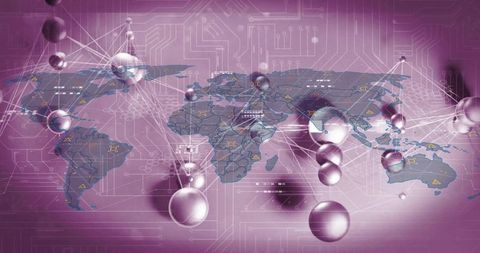 Connecting global network overlaying circuit board with glowing nodes, spheres, data beams