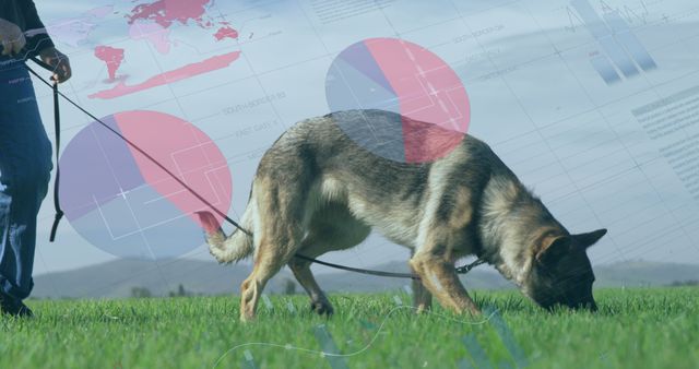 Image of infographic interface over midsection caucasian woman walking with dog in field. Digital composite, multiple exposure, global, progress, report, business, animal and abstract concept.