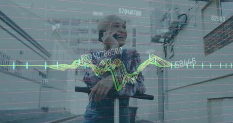 Smiling Businesswoman on Scooter with Financial Growth Chart Overlay