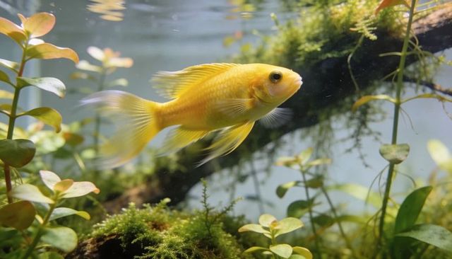 Swimming golden fish gliding through planted aquarium moss driftwood aquascape closeup