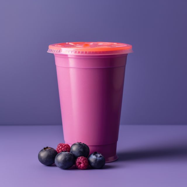 Berry smoothie and berries on purple background, created using generative ai technology. Fruit smoothie, food and drink, healthy eating concept digitally generated image.