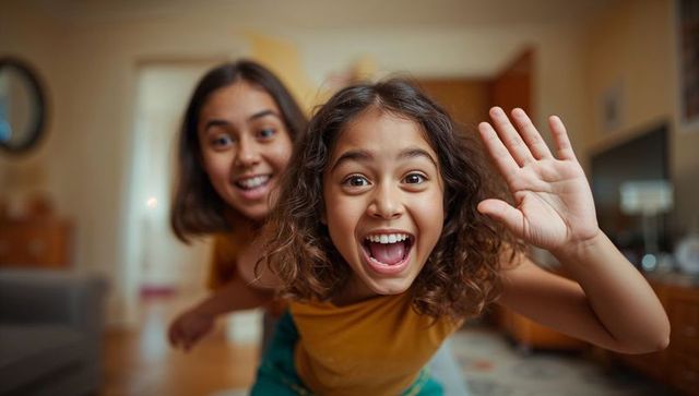 Excited sisters waving and playing in cozy living room, candid joyful family moment