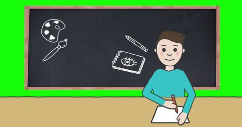 Schoolboy with blackboard featuring art elements and green background
