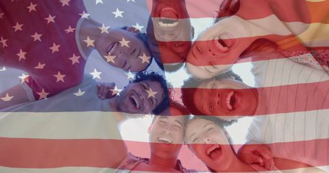 Diverse Friends Smiling Under American Flag Overlay