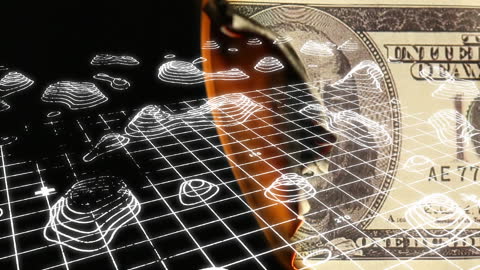 Digital Grid and Animated Shapes Over Burning Dollar