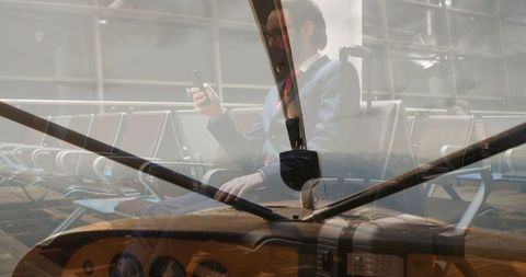 Air travel concept with interior overlay of airport lounge