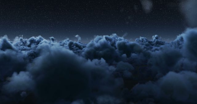 Moody and dramatic scene showing dark thunderous clouds against a starry night sky. Perfect for backgrounds, dramatic weather scenes, meteorology visuals, celestial and nocturnal themes, horror and suspense, atmospheric compositions, backgrounds for presentations, websites, and creative projects.