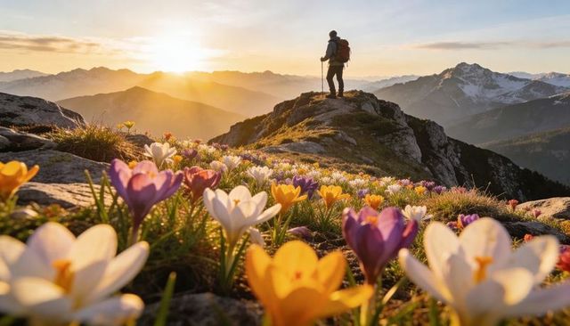 Male hiker watching sunrise over alpine crocus meadow on mountain ridge with trekking pole