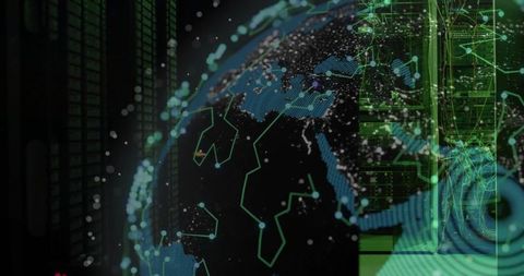 Pulsing Digital Globe Mapping Network Traffic Over Data Center Racks