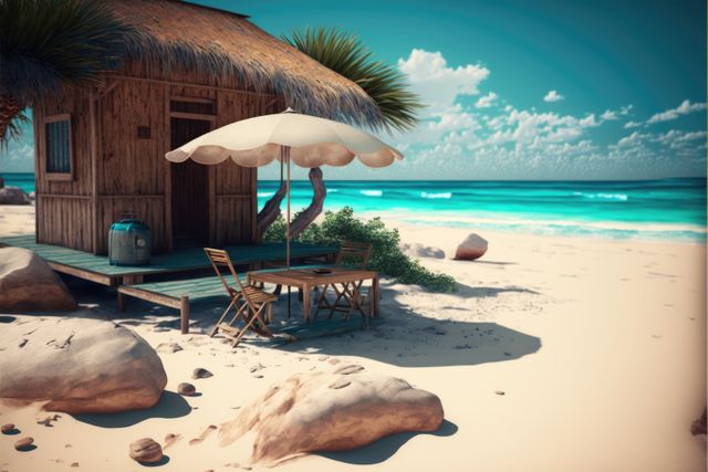 Beach hut and parasol on sunny beach, created using generative ai technology. Beach holiday, summer and vacation concept digitally generated image.