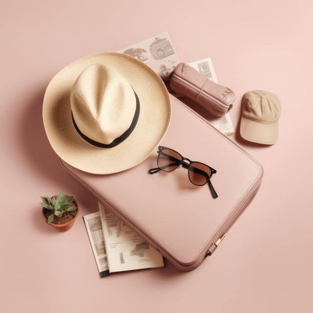 Travel essentials including a suitcase, sunglasses, hat, and map arranged neatly on a light pink background. Ideal for travel blogs, packing tips, vacation planning, promotional material for travel agencies, and lifestyle websites focusing on organizing for trips. The soothing pink background adds a modern, stylish touch to the composition.