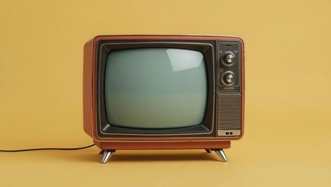 Vintage Brown Orange CRT TV on Mustard Background