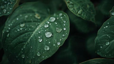 Vibrant green leaf with dew drops in moody natural setting