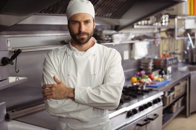 Chef standing confidently in a commercial kitchen, ideal for use in culinary blogs, restaurant websites, or promotional materials for cooking schools. Highlights professionalism and expertise in the food industry.