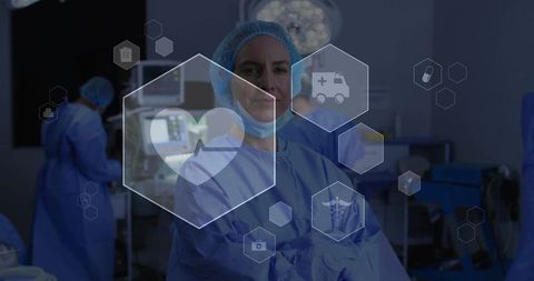 Confident surgeon standing in or wearing blue gown and cap crossing arms with hexagonal medtech ui