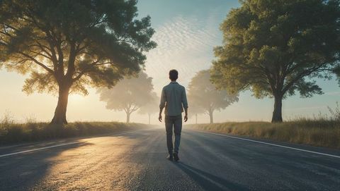 Man Walking Along Peaceful Rural Road at Sunrise - Download Free Stock Images Pikwizard.com