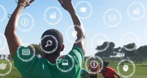 Soccer Player Throwing Ball with EdTech Icon Overlays on Sunny Day