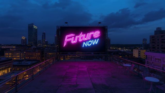 Neon future now billboard lighting rooftop terrace in futuristic urban nightscape