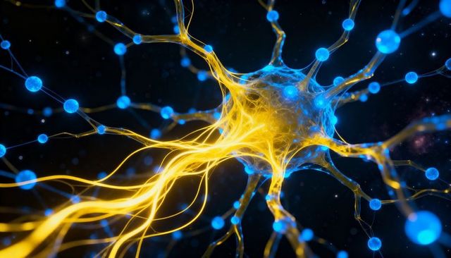 Luminous neural network node radiating golden filaments and cyan synapses