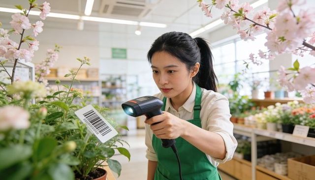 Asian nursery attendant scanning barcode on potted plant in bright modern garden center
