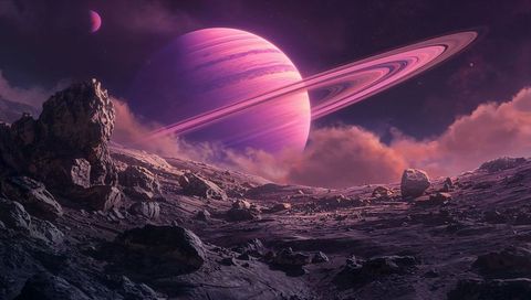 Majestic Purple Ringed Gas Giant Rising Over Rocky Cratered Alien Plain With Pink Clouds