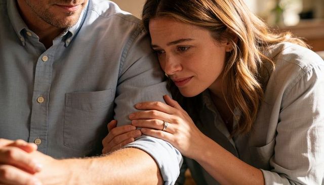 Woman leaning on partner's arm showing wedding ring, tender support and intimacy