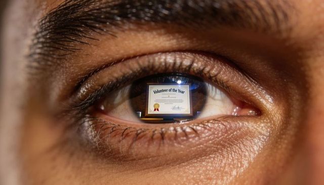 Macro eye reflecting volunteer of year certificate and award ribbon, close-up human eye