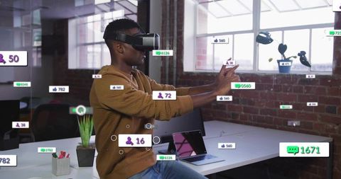 Man wearing vr headset interacting with augmented reality ui with data overlays in coworking office