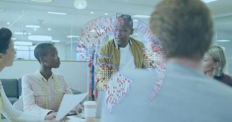 Businessman Presenting Holographic Digital Globe in Office Meeting