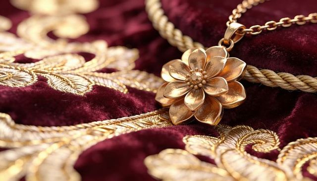 Golden flower pendant resting on burgundy velvet with ornate gold embroidery and chain