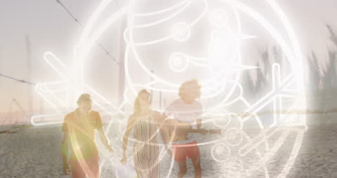 Diverse Friends Enjoying Beach Walk with Creative Neon Overlay