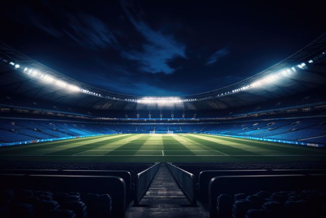 Lit empty football stadium at night, created using generative ai technology. Sports, competition and architecture concept digitally generated image.