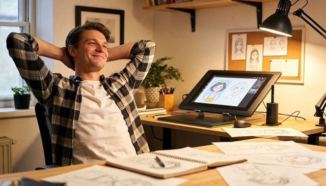 Relaxed illustrator leaning back at creative workstation with digital tablet and sketches