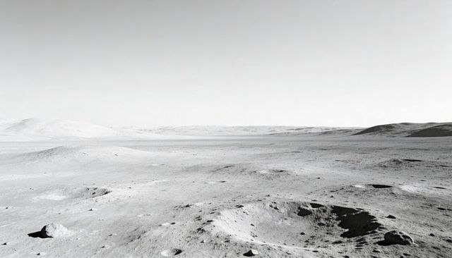 Lunar plain showing shallow crater, scattered rocks, distant hills and sprawling regolith