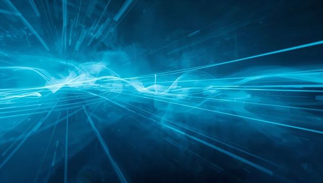 Streaming cyan-teal energy ribbon emitting neon beams and futuristic particle wave