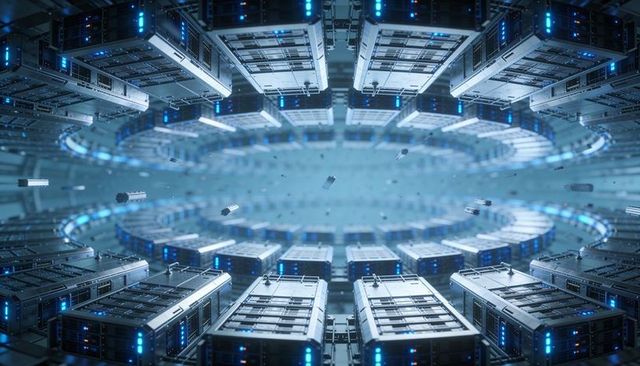 Futuristic concentric data center with floating blade servers and blue led racks