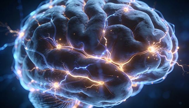 Neon brain cortex emitting luminous neural filaments and golden synapse sparks, futuristic