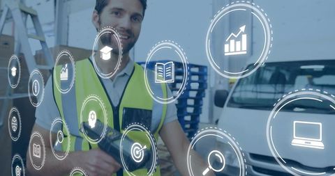 Warehouse worker scanning handheld scanner overlay showing inventory metrics and logistics