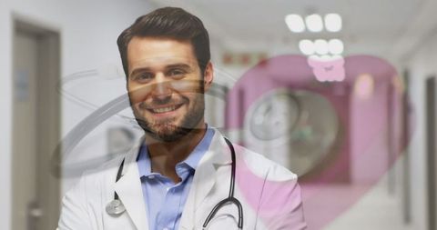 Caucasian doctor in hospital with stethoscope overlay highlights healthcare