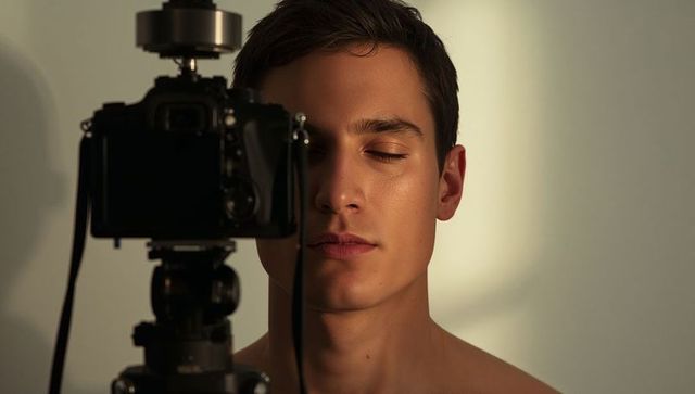 Shirtless male model resting with closed eyes behind dslr on tripod dramatic studio portrait