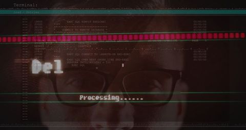 Staring Man Wearing Black Glasses with Overlaying Retro Terminal Code and Processing HUD