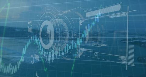 Futuristic financial dashboard over ocean