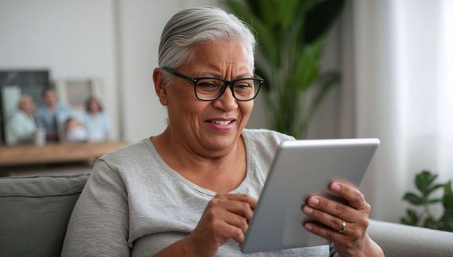 Senior asian woman using tablet and smiling on couch in cozy living room