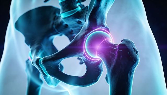 Visualizing hip joint anatomy with glowing femoral head in acetabulum for orthopedics