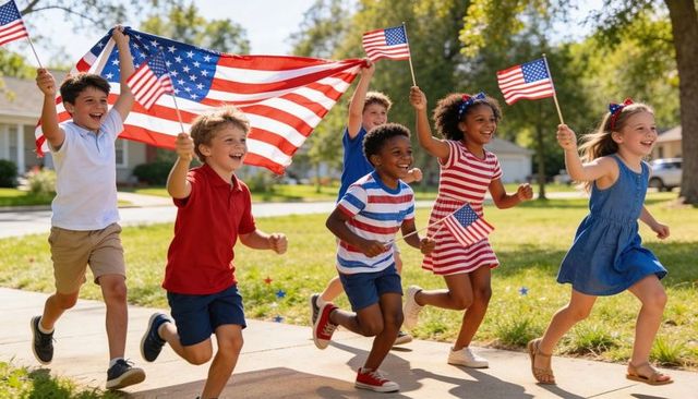 Kids running and waving us flags on suburban sidewalk celebrating independence day
